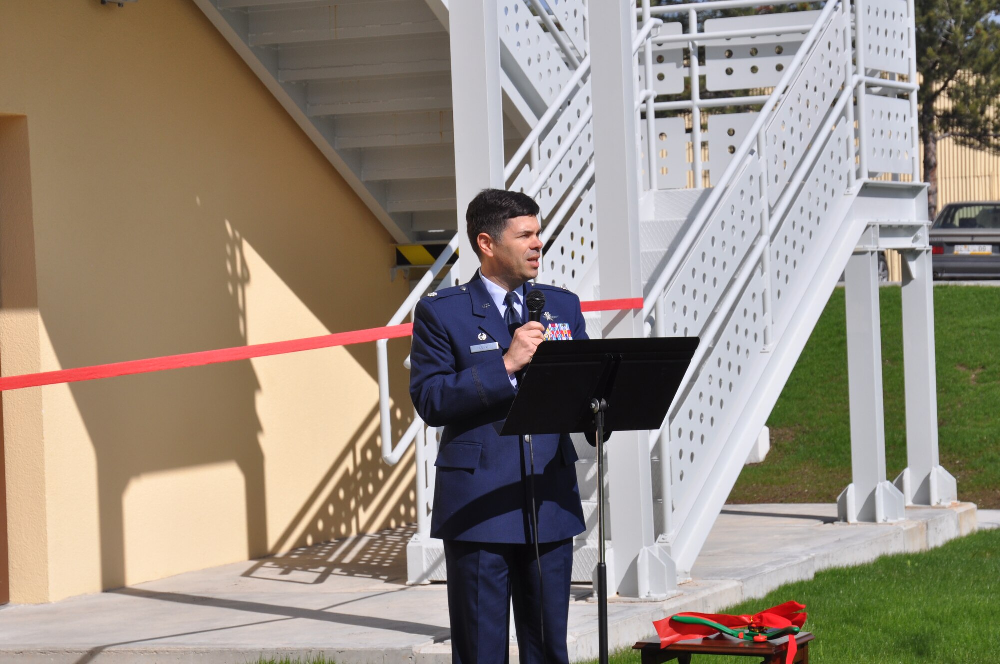 U.S. Air Force Lt. Col. Emanuel Cohan, 717th Air Base Squadron commander, speaks during the grand opening of the new base administrative building March 26, 2015, at the Ankara Support Facility in Turkey.  This new building, number 2621, is located adjacent to the Base Exchange. (U.S. Air Force photo by Capt. Laura Balch/Released)