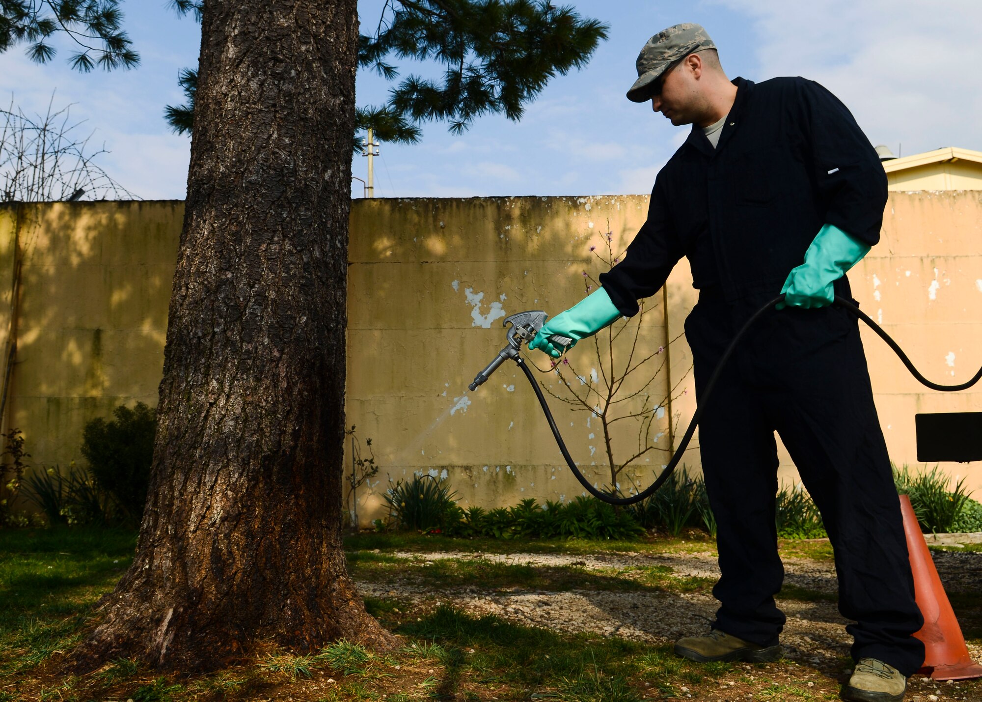 U.S. Air Force Tech. Sgt. Adrian Pozo-Romero, 31st Civil Engineer Squadron pest control technician, sprays a tree with pesticide to kill and keep away pine processionary caterpillars at Aviano Air Base, Italy, March 23, 2015. The caterpillars not only destroy pine trees, but also their loose hair can cause respiratory or allergic reactions for some people and animals. (U.S. Air Force photo by Senior Airman Austin Harvill/Released)
