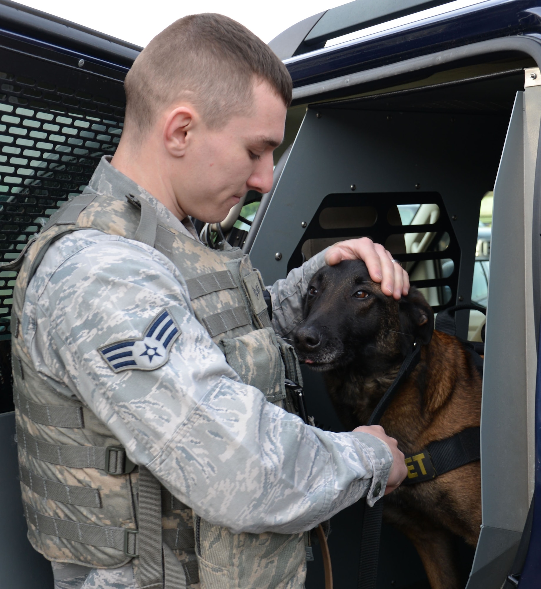 U.S. Air Force Senior Airman Daniel Caldas, 100th Security Forces Squadron Military Working Dog handler from Milford, Mass., rewards MWD Vvonya following a successful patrol March 13, 2015, on RAF Mildenhall, England. Vvonya is a 6 year old Belgian Malinois. (U.S. Air Force photo by Gina Randall/Released)