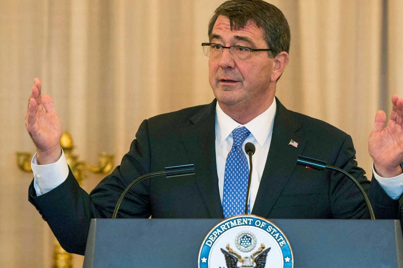 Defense Secretary Ash Carter makes remarks at the Global Chiefs of Mission Conference at the State Department in Washington, D.C., March 26, 2015. Carter called for a “full-court press” within government to tackle the pressing national security issues of the day. DoD photo by U.S. Air Force Master Sgt. Adrian Cadiz