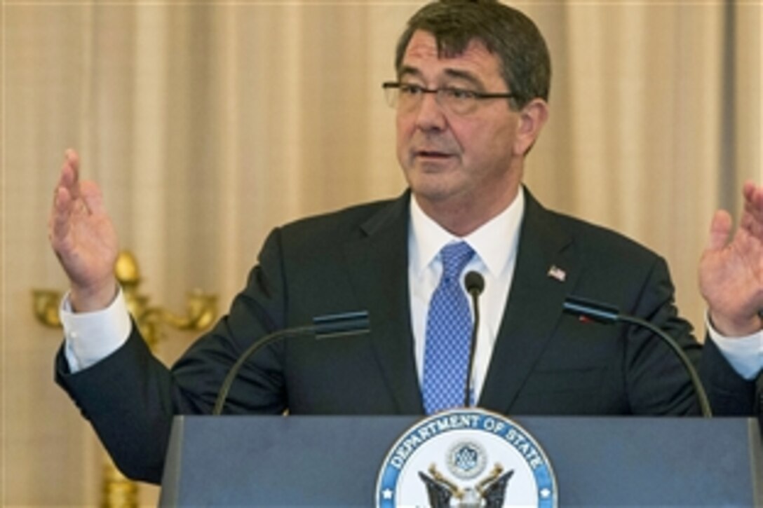 Defense Secretary Ash Carter makes remarks at the Global Chiefs of Mission Conference at the State Department in Washington, D.C., March 26, 2015. Carter called for a “full-court press” within government to tackle the pressing national security issues of the day.