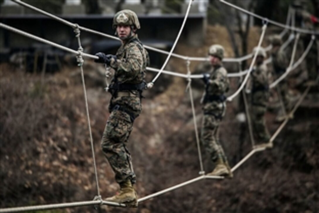 U.S. Marine Corps Pfc. Zach C. Hagestad crosses a rope bridge at the Marine Division Mountain Warfare Training Center in Pohang, South Korea, March 19, 2015. The Marines completed a five-day course led by their South Korean counterparts. Hagestad is assigned to the 5th Air Naval Gunfire Liaison Company, 3rd Marine Expeditionary Force Headquarters Group. 