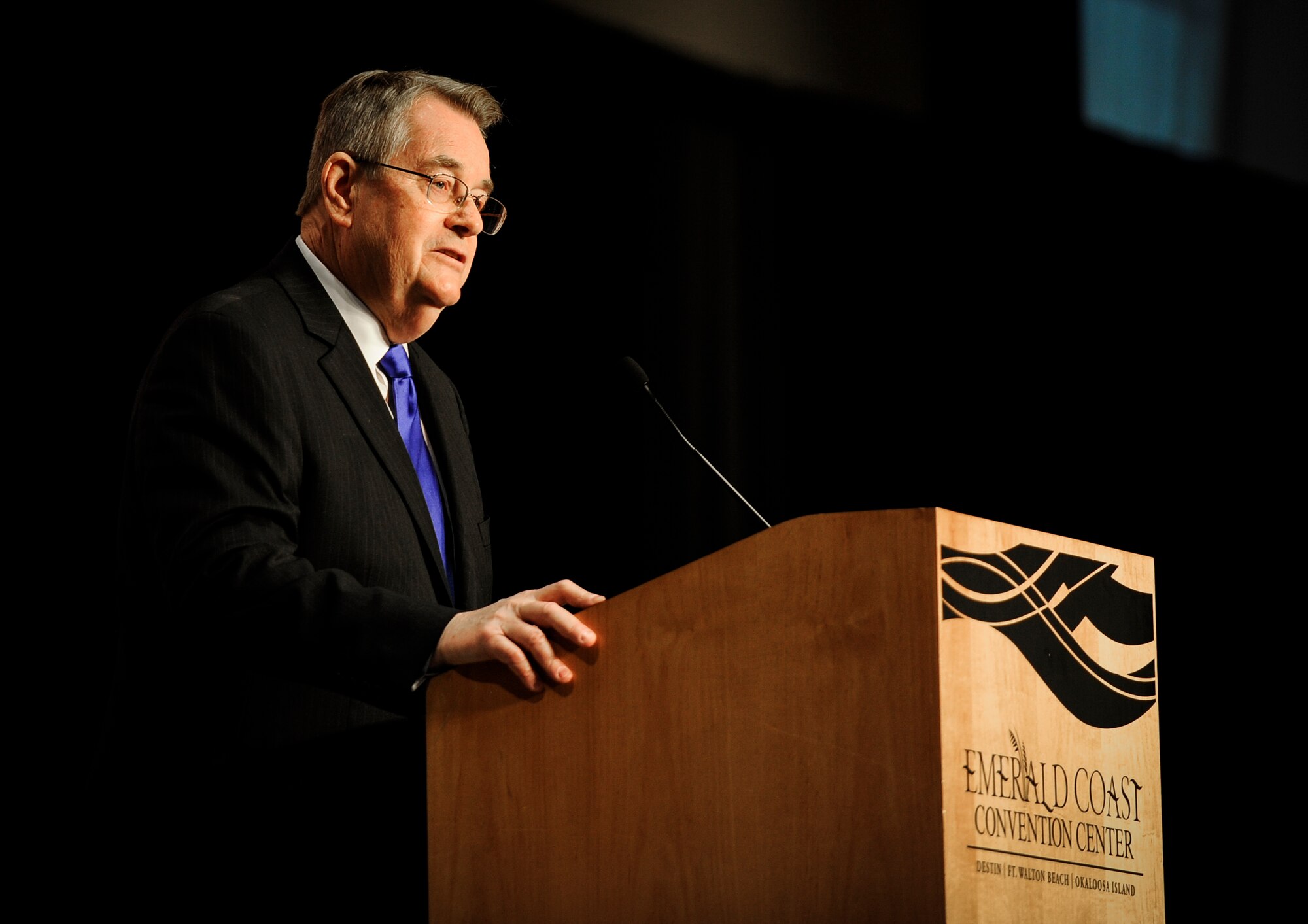 Sen. Don Gaetz, speaks during Chief Master Sgt. of the Air Force #9 James C. Binnicker’s celebration of life ceremony at the Emerald Coast Convention Center, Fort Walton Beach, Fla., March 28, 2015. Binnicker entered the Air Fore in August 1957 as a life support specialist. He retired Aug. 1, 1990, after 33 years of service. A memorial service and interment will be at Arlington Cemetery, Virginia, at a later date. (U.S. Air Force photo/Senior Airman Christopher Callaway)