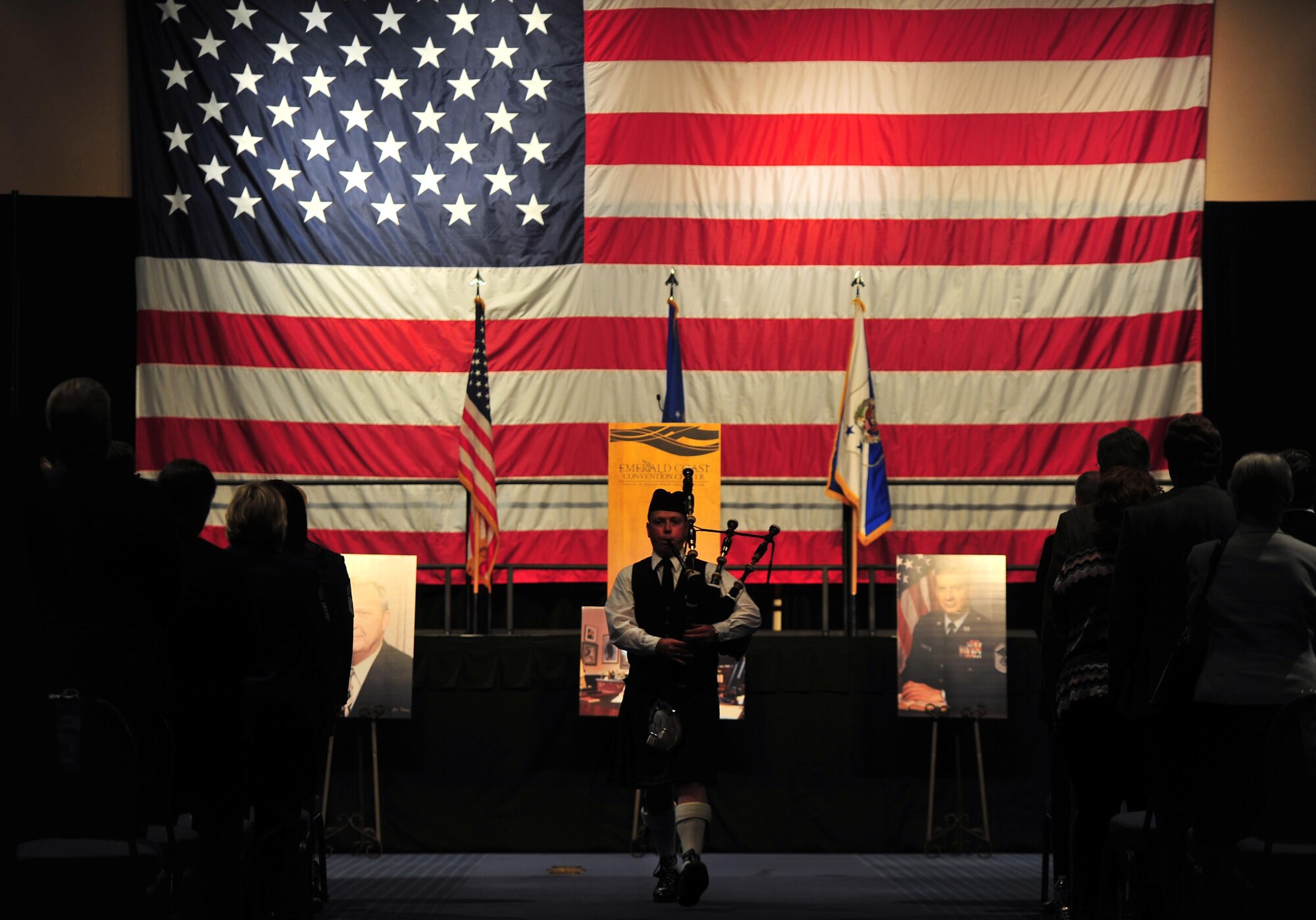 A bagpiper plays "Amazing Grace" to close the celebration of life ceremony in honor of Chief Master Sgt. of the Air Force #9 James C. Binnicker at the Emerald Coast Convention Center, Fort Walton Beach, Fla., March 28, 2015.
Binnicker entered the Air Force in August 1957 as a life support specialist. He retired Aug. 1, 1990, after 33 years of service. A memorial service and interment will be at Arlington National Cemetery, Virginia, at a later date.
(U.S. Air Force photo by Airman 1st Class Ryan Conroy/Released)
