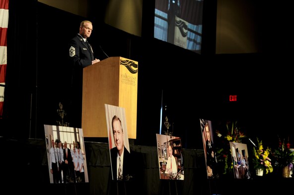 Chief Master Sgt. of the Air Force James A. Cody speaks during ninth Chief Master Sgt. of the Air Force James C. Binnicker’s celebration of life ceremony at the Emerald Coast Convention Center, Fort Walton Beach, Fla., March 28, 2015. Binnicker spent 15 years as the CEO and president of the Air Force Enlisted Village in Shalimar, Fla., providing more than 400 residents a place to call home. (U.S. Air Force photo/Senior Airman Christopher Callaway)