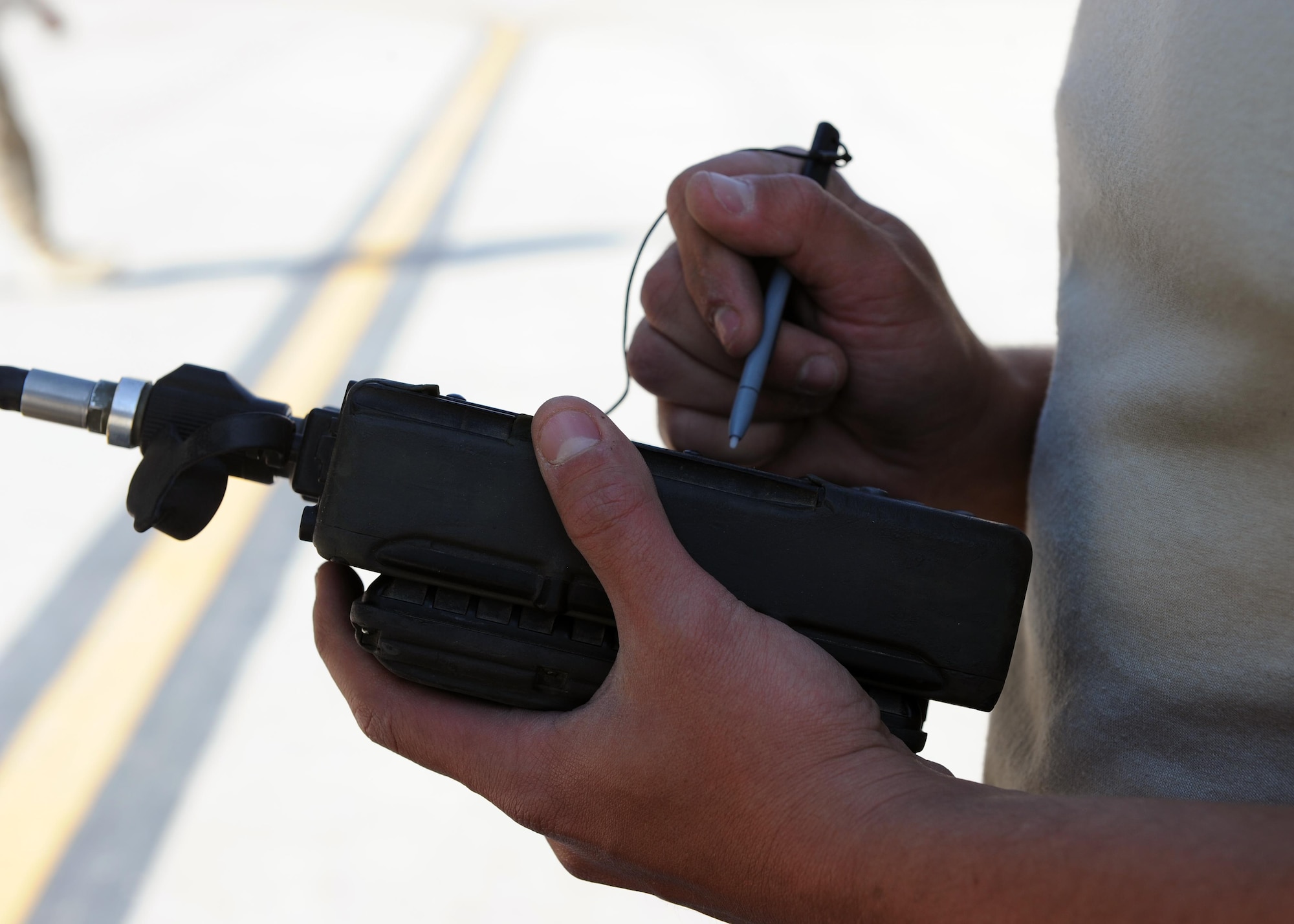 U.S. Air Force Airman 1st Class Craig, 451st Expeditionary Aircraft Maintenance Squadron avionics specialist, performs preflight checks prior to launching an MQ-9 Reaper March 20, 2015 at Kandahar Airfield, Afghanistan. Airmen assigned to the 451 EAMXS provide 24/7 maintenance support to the Air Force’s largest Reaper unit, ensuring ground troops are supported around the clock. (U.S. Air Force photo by Staff Sgt. Whitney Amstutz/released)