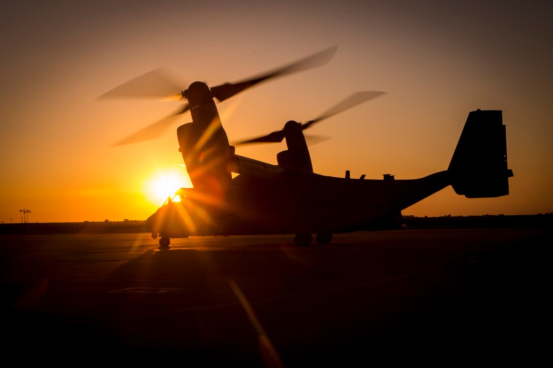 An MV-22 Osprey with Special-Purpose Marine Air-Ground Task Force Crisis Response-Africa, is on the flight line after conducting a bilateral training exercise near Madrid, Spain, March 16, 2015. Approximately 350 paratroopers with the Spanish Airborne Brigade jumped from the ramps of the MV-22 Osprey in a bilateral training exercise that tested the capabilities and interoperability of the two NATO allies. (U.S. Marine Corps photograph by Lance Cpl. Christopher Mendoza/Released)