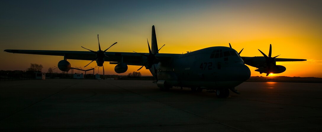 A KC-130J Hercules with Special-Purpose Marine Air-Ground Task Force Crisis Response-Africa is on the flight line near Madrid, Spain, March 16, 2015. Service members with the Spanish Airborne Brigade jumped and dropped cargo from the KC-130J as part of a bilateral training exercise that tested the capabilities and interoperability of the two NATO allies. (U.S. Marine Corps photograph by Sgt. Paul Peterson/Released)
