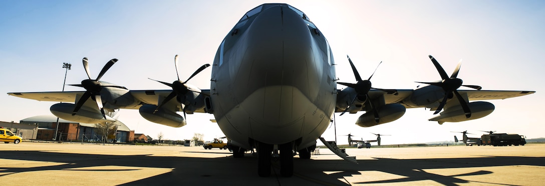 A KC-130J with Special-Purpose Marine Air-Ground Task Force Crisis Response-Africa stages on the flight line near Madrid, Spain, March 16, 2015. Service members with the Spanish Airborne Brigade jumped and dropped cargo from the aircraft as part of a bilateral training exercise to further improve relations and enhance interoperability between the two NATO allies. (U.S. Marine Corps photograph by Sgt. Paul Peterson/Released)