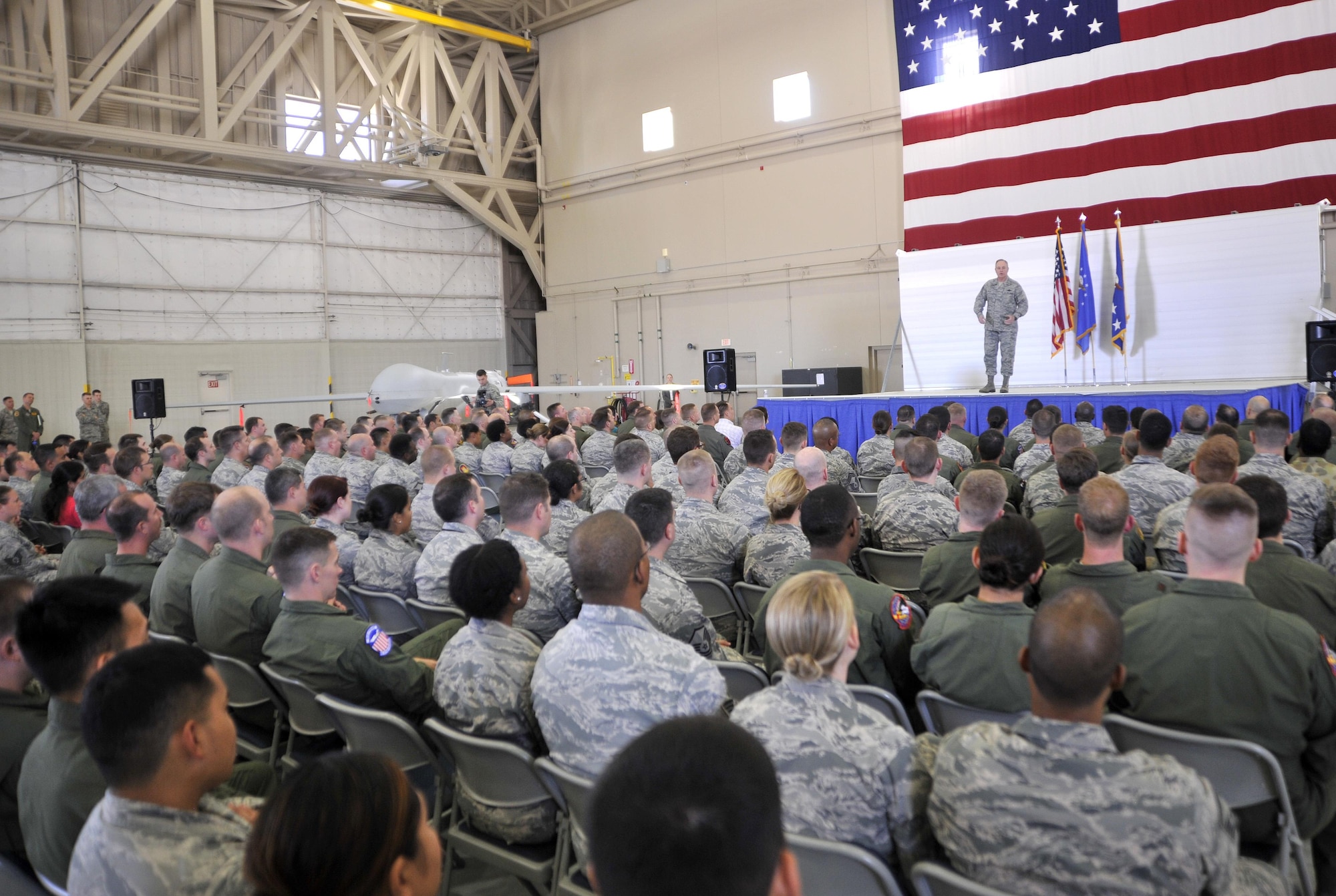 Chief of Staff of the Air Force Gen. Mark A. Welsh III conducts an all-call with the men and women of the 432nd Wing/432nd Air Expeditionary Wing March 24, 2015, at Creech Air Force Base, Nevada. During the all-call, Welsh thanked and highlighted the successes of the men and women of Creech AFB and the importance of the intelligence, surveillance and reconnaissance mission. (U.S. Air Force photo/Airman 1st Class Christian Clausen)