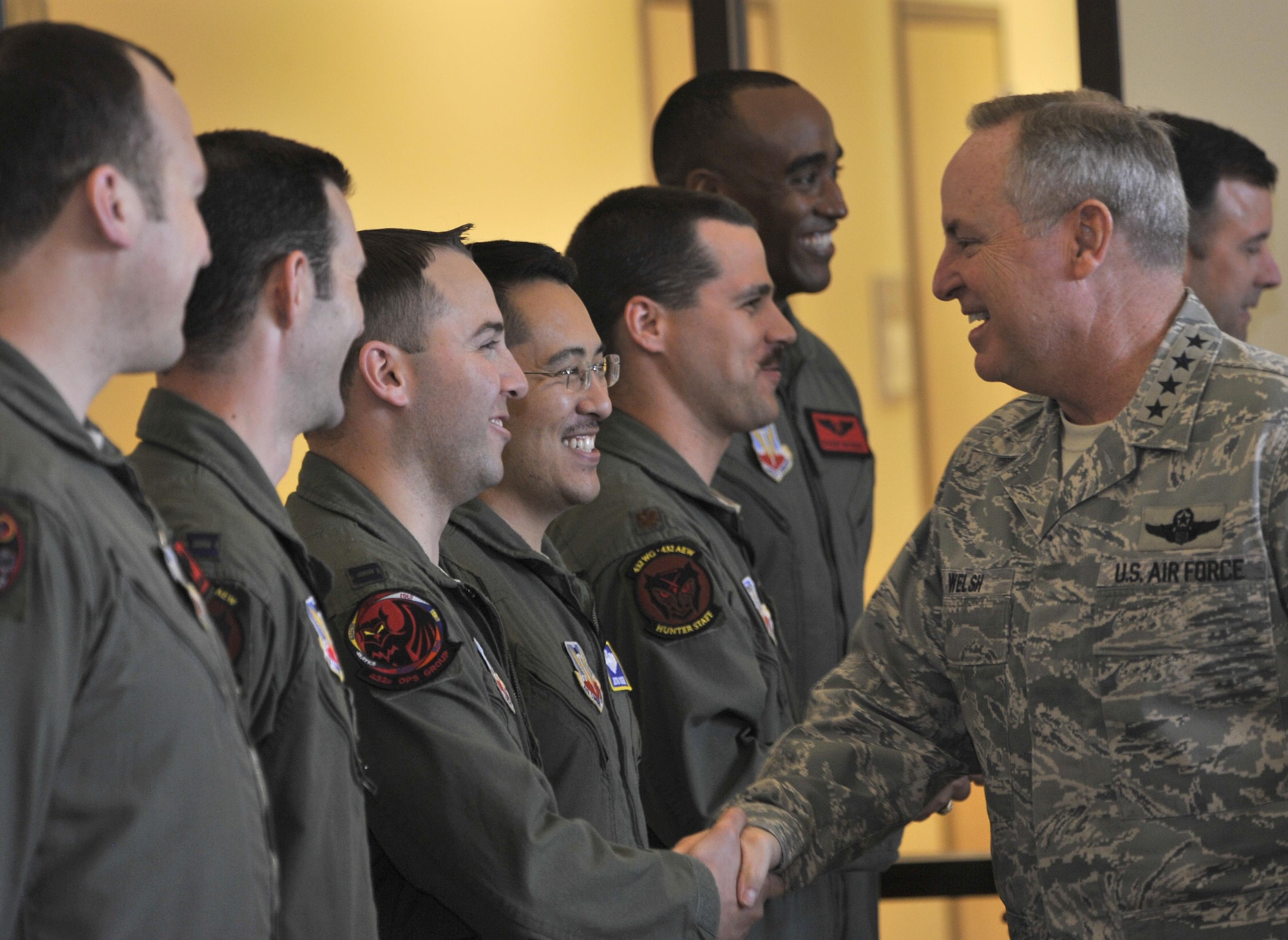 Chief of Staff of the Air Force Gen. Mark A. Welsh III meets with 432nd Wing/432nd Air Expeditionary Wing pilots before a roundtable sit-down March 24, 2015, during his visit to Creech Air Force Base, Nev. During his discussion, Welsh highlighted the changes within the Air Force such as the new enlisted performance report system, force management and the importance of the intelligence, surveillance and reconnaissance mission. (U.S. Air Force photo/Airman 1st Class Christian Clausen)