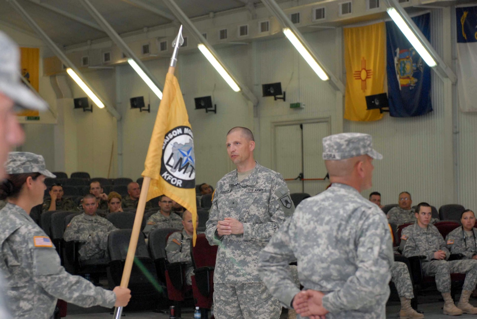 Army Brig. Gen. Alan S. Dohrmann of the North Dakota National Guard, who is
the outgoing commander of Multinational Battle Group-East spoke at the
Liaison Monitoring Team transfer of authority wishing Soldiers from the
192nd LMT good luck as they take on their mission in Kosovo.