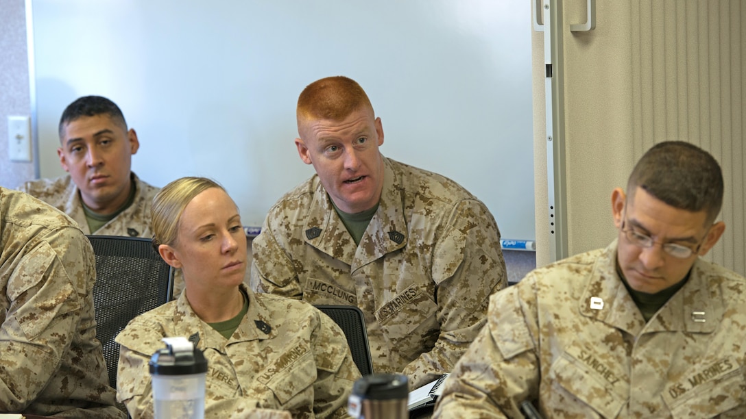 Master Sgt. Patrick McClung, with Marine Corps University Education Command, gives input during a Marine Corps Leadership Development Program workshop on Marine Corps Base Quantico, Virginia, March 18, 2015. The goal of the workshop was to provide training to commanders and "key leaders" from Headquarters and Service Battalion to implement a unit leadership development program.