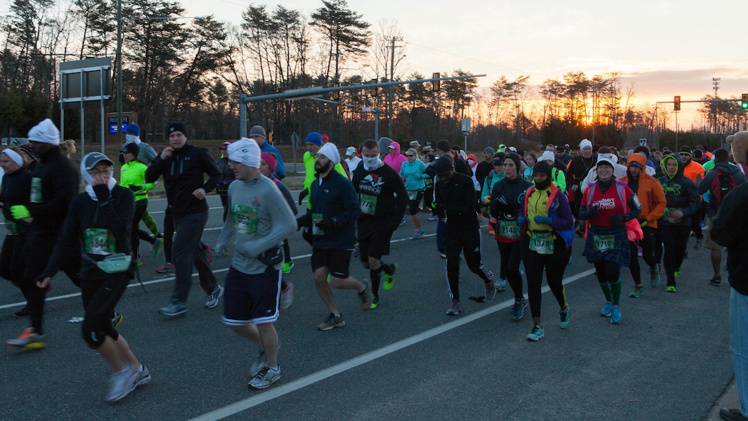 Runners begin the 17.75K race in Prince William County, Virginia March 28, 2015. More than 2000 participants ran the race during 30 degree weather.