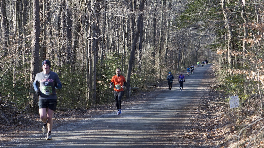 Participants in the 17.75K race run along the course through Prince William Forest National Park in Prince William Country, Virgninia March 28, 2015. More than 2000 runners partiicipated in the race.