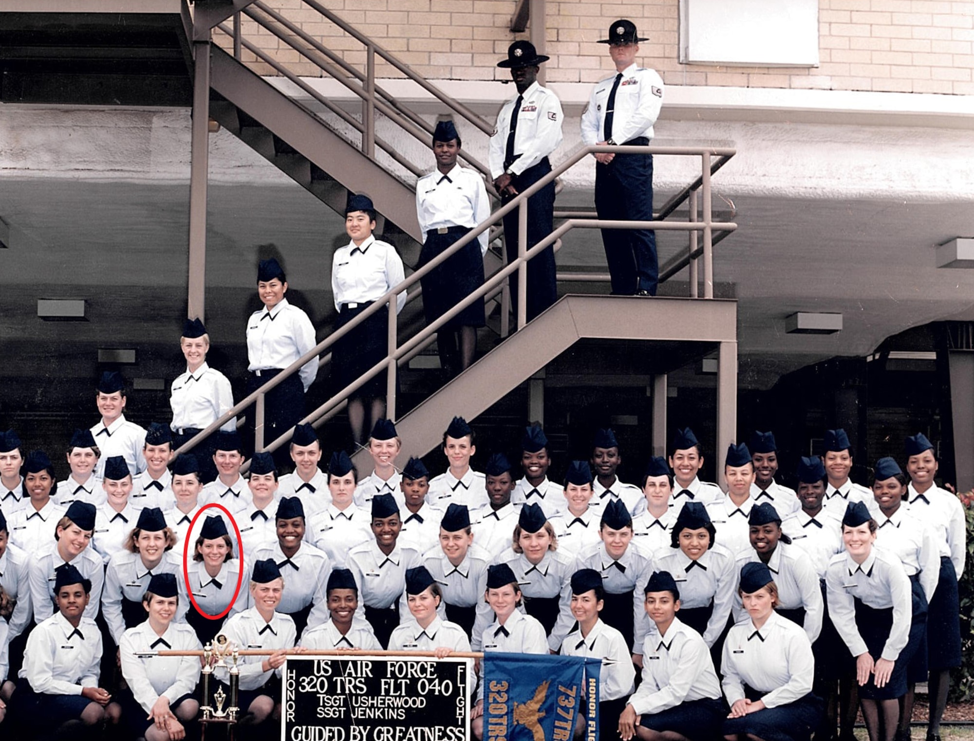 GOODFELLOW AIR FORCE BASE, Texas – (Circled) Airman Amy C. Dotson, 320th Training Squadron trainee, poses with her flight for their graduation photo from basic military training at Lackland Air Force Base, Texas. Now, Master Sgt. Amy C. Dotson, 316th Training Squadron instructor, prepares future Defense Department service members for their careers. (Courtesy photo)
