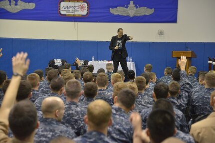 Naval Nuclear Power Training Command staff and students attend the third annual presentation of "Can I Kiss You?" in Goose Creek, SC on March 18, 2015. The audience was encouraged to actively participate in the event by asking questions and elaborating on the important fundamentals of consent and sexual responsibility. (US Navy Photo by Electrician's Mate Jett Supler)