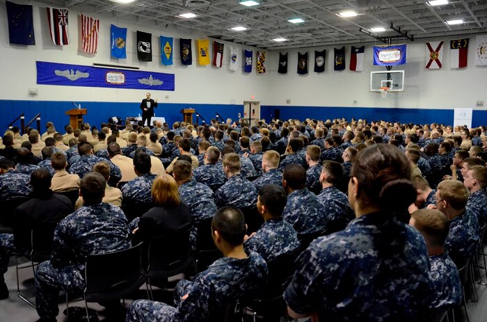 Mike Domitrz, founder of the Date Safe Project, presents the third annual presentation of "Can I Kiss You?" to Naval Nuclear Power Training Command staff and students in Goose Creek, SC, March 18, 2015. The program aims to teach service members the important fundamentals of consent and sexual responsibility. (US Navy Photo by Mass Communication Specialist Jason Pastrick)