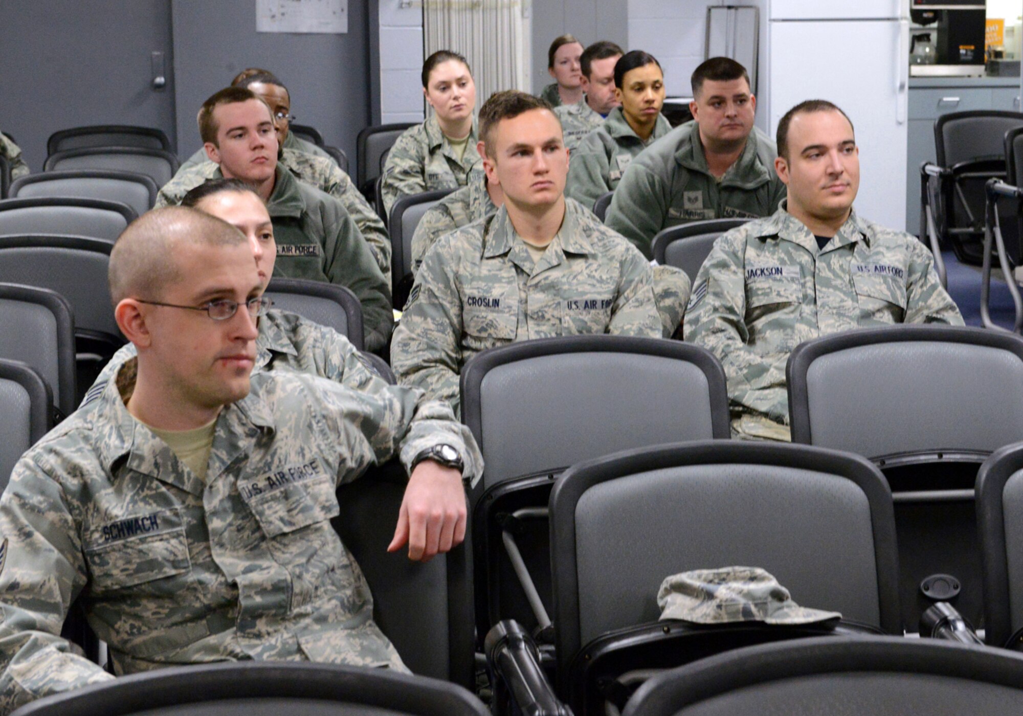 Members of the 138th Fighter Wing Oklahoma Air National Guard attend a "Rising 6" meeting on base March 8, 2015. The organization was recently reactivated by the senior non-commissioned officer’s council to help junior enlisted airmen to have a voice on base, and establish rapport and morale with other guard personnel. (U.S. National Guard photo by Tech. Sgt. Jeffery Foster/Released)