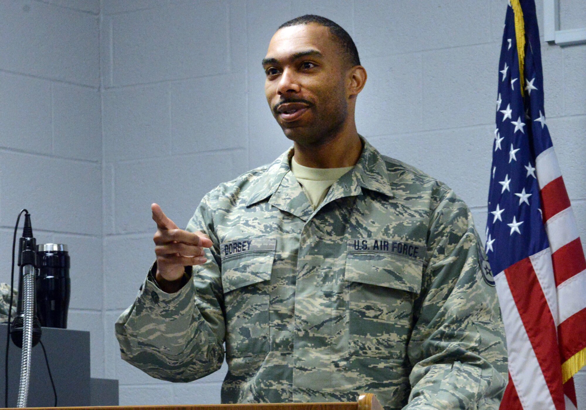 Staff Sgt. Brandon Dorsey, vice president of the 138th Fighter Wing Oklahoma Air National Guard "Rising 6" organization answers questions during a meeting on March 8, 2015. The organization was recently reactivated by the senior non-commissioned officer’s council to help junior enlisted airmen to have a voice on base, and establish rapport and morale with other guard personnel. (U.S. National Guard photo by Tech. Sgt. Jeffery Foster/Released)
