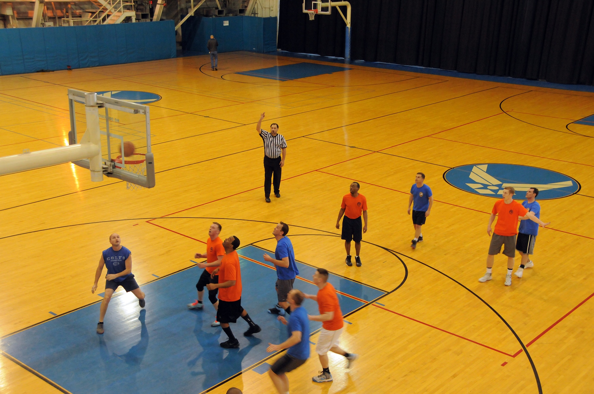 WRIGHT-PATTERSON AIR FORCE BASE, Ohio – 89th Airlift Squadron and 445th Logistics Readiness Squadron participate in the 445th Airlift Wing Battle of the Squadrons, 2015 March Madness Basketball Tournament championship game at the Wright Field Fitness Center, Wright-Patterson Air Force Base, Ohio, March 7, 2015.  The 89th AS defeated the 445th LRS 35-32. The event was sponsored by the 445th Force Support Squadron Services Flight as a morale building event. (U.S. Air Force Photo/Tech. Sgt. Anthony G. Springer)