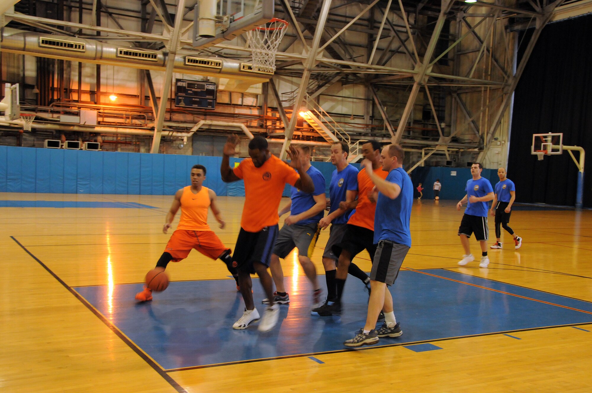 WRIGHT-PATTERSON AIR FORCE BASE, Ohio – 89th Airlift Squadron and 445th Logistics Readiness Squadron participate in the 445th Airlift Wing Battle of the Squadrons, 2015 March Madness Basketball Tournament championship game at the Wright Field Fitness Center, Wright-Patterson Air Force Base, Ohio, March 7, 2015.  The 89th AS defeated the 445th LRS 35-32. The event was sponsored by the 445th Force Support Squadron Services Flight as a morale building event. (U.S. Air Force Photo/Tech. Sgt. Anthony G. Springer)