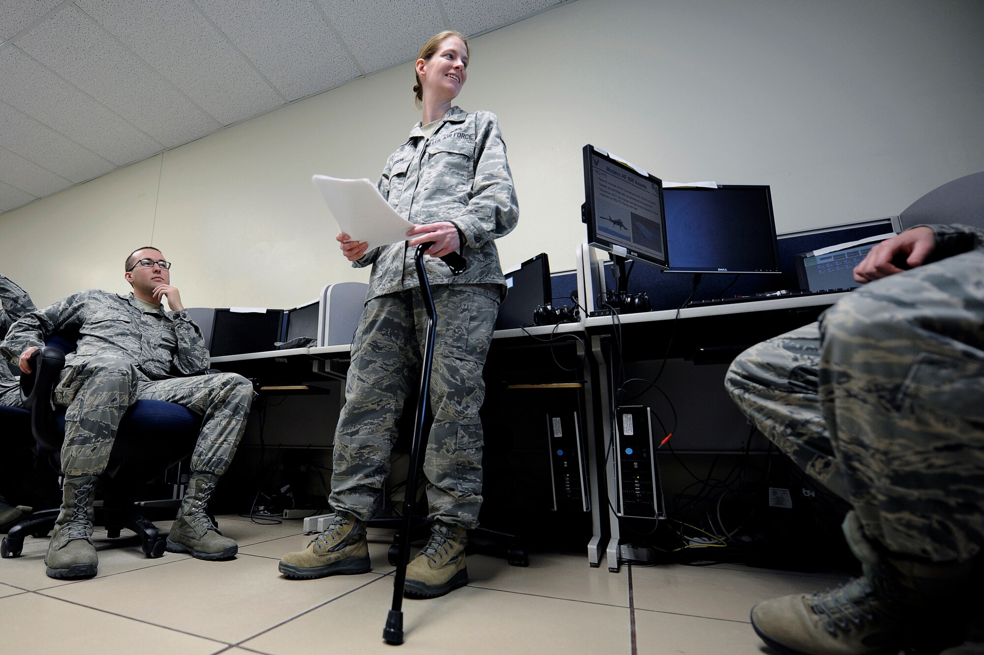 Master Sgt. Amy C. Dotson, 316th Training Squadron instructor, teaches her last Air Force intelligence class at the 316th Training Squadron at Goodfellow Air Force Base, Texas, March 9, 2015.  After 14 years as an Arabic linguist, Dotson is medically retiring from the Air Force. (U.S. Air Force photo by Tech. Sgt. Austin Knox)