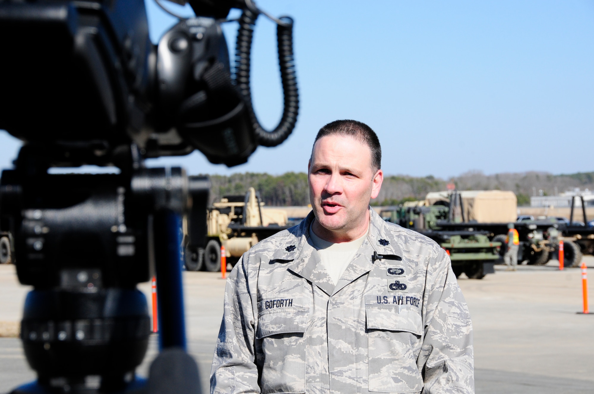 U.S. Air Force Lt. Col. Gregory Goforth, deputy commander for 145th Mission Support Group, explains to local media that, for the first time, N.C. National Guard, Emergency Management and Forest Service personnel came together to train as true partners in order to respond effectively to natural disasters. Vigilant Guard 2015 exercise was held at 145th Civil Engineer Squadron-Regional Training Site, New London, N.C., March 6-8, 2015. (U.S. Air National Guard photo by Master Sgt. Patricia F. Moran, 145th Public Affairs/Released)