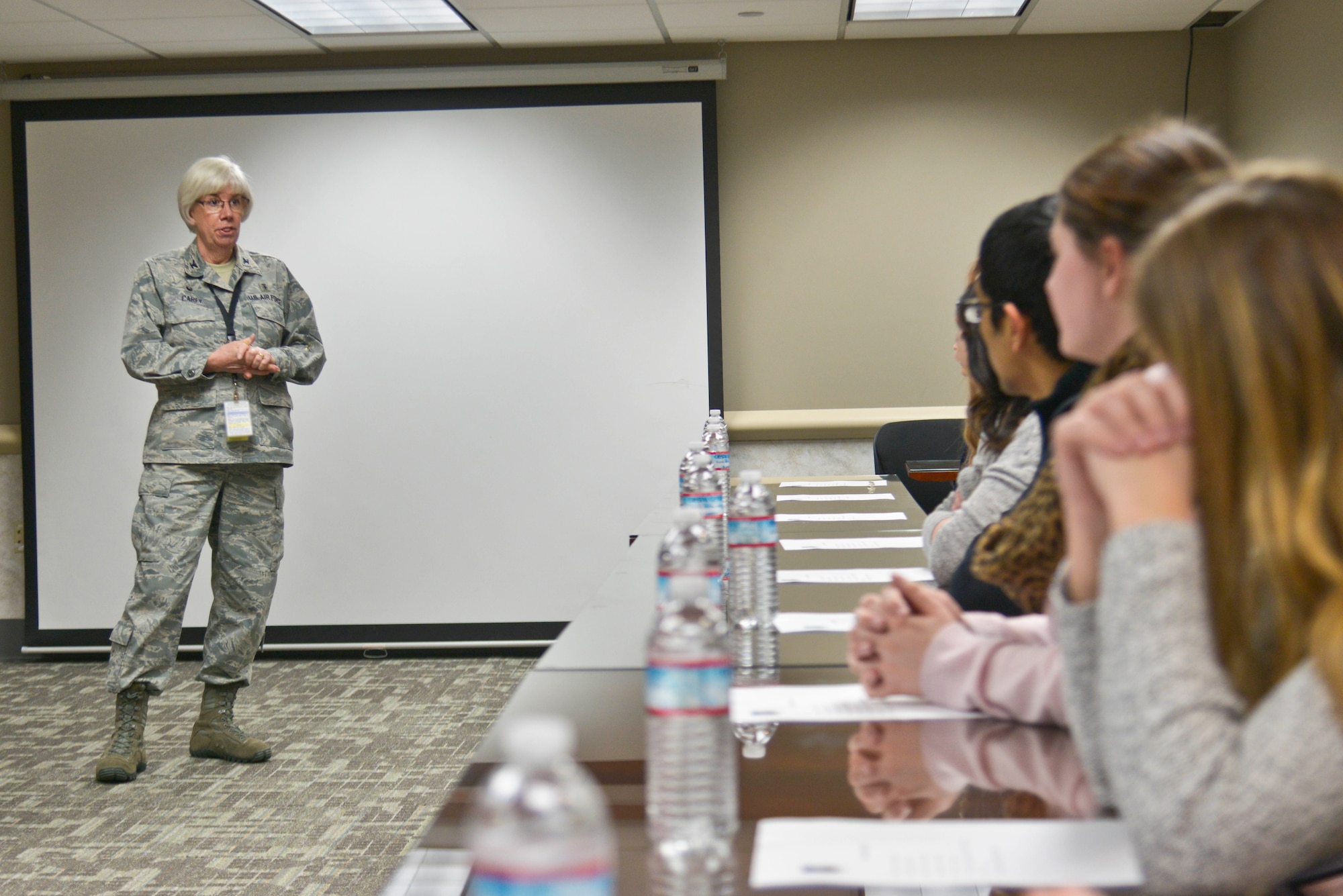 Col. Margaret Carey, 92nd Medical Group commander, speaks with students from both Mead and Mt. Spokane High Schools during a tour of the medical treatment facility March 26, 2015, at Fairchild Air Force Base, Wash. The students were given a tour of the 92nd MDG as part of the Business AfterSchool Program. The program is series of Industry Week Open House events for students and others that provide on-site awareness of Spokane’s high-demand industries highlighting new technology, research, development and innovation. (U.S. Air Force photo/Senior Airman Janelle Patiño)
