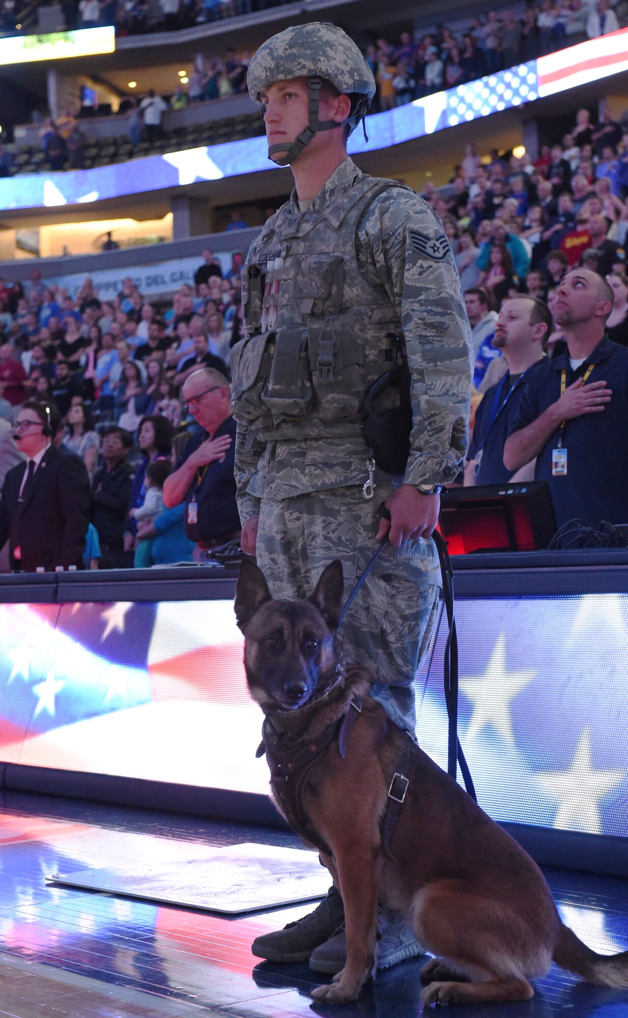 Staff Sgt. Joshua Edelmann, 460th Security Forces Squadron member, stands with his military working dog during Hoops for Troops Night with the Denver Nuggets March 27, 2015, at the Pepsi Center in Denver. Hoops for Troops Night is held to honor military men and women with discounted ticket pricing, a halftime dunk contest and recognition of past, present and future military personnel from all branches. (U.S. Air Force photo by Airman 1st Class Samantha Saulsbury/Released)