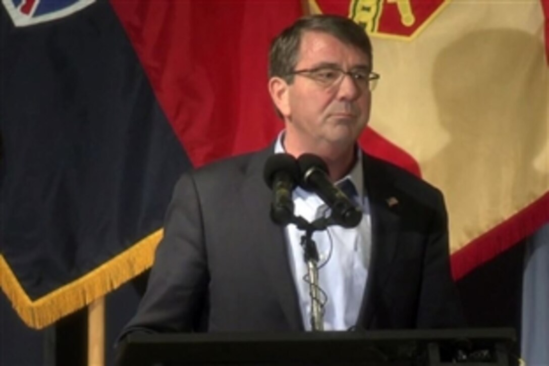 Defense Secretary Ash Carter makes remarks on the force of the future during a troop talk on Fort Drum, N.Y., March 30, 2015.