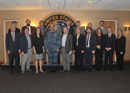 U.S. Navy Adm. Cecil D. Haney (front row, fourth from left), U.S. Strategic Command commander, welcomes faculty members and fellows from the Center for International Security and Cooperation, Stanford University, to Offutt Air Force Base, Neb., March 30, 2015. During their visit, the CISAC delegation received a USSTRATCOM mission brief from Haney, toured the Global Operations Center and discussed strategic deterrence, cyber responsibility and nuclear modernization with subject matter experts from the command. After visiting Stanford University in December to discuss strategic deterrence in the 21st century, Haney invited the CISAC representatives to USSTRATCOM headquarters as part of his ongoing effort to build enduring relationships with partner organizations from the private sector, academia and allied nations. CISAC is Stanford University's hub for researchers tackling some of the world's most pressing security and international cooperation issues, including nuclear risk and cooperation; cyber policy and security; and terrorism, insurgency and homeland security. USSTRATCOM is one of nine DoD unified combatant commands and is charged with strategic deterrence; space operations; cyberspace operations; joint electronic warfare; global strike; missile defense; intelligence, surveillance and reconnaissance; combating weapons of mass destruction; and analysis and targeting. (USSTRATCOM photo by Steve Cunningham)
