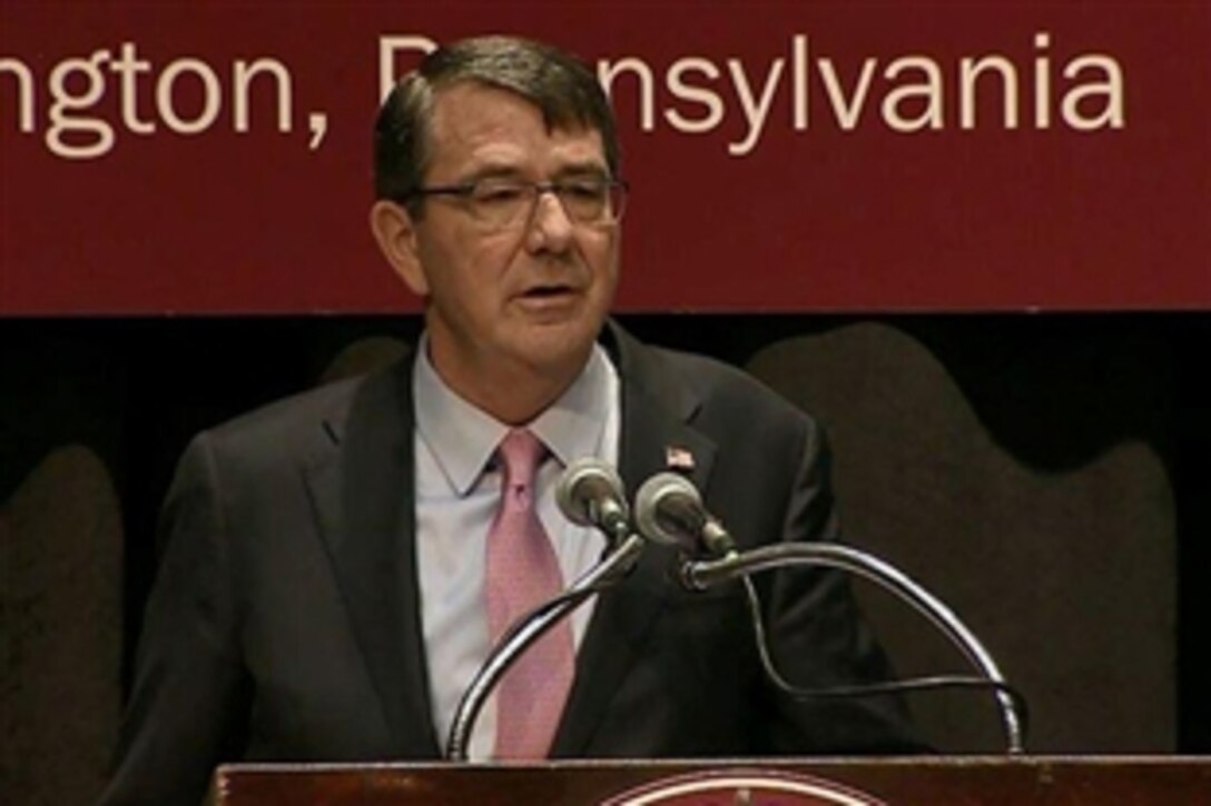 Defense Secretary Ash Carter delivers remarks to students at his high school alma mater, Abington Senior High School in Abington, Pa., March 30, 2015. Carter spoke about building "the force of the future" and what the Defense Department must do to maintain its superiority well into the 21st century.