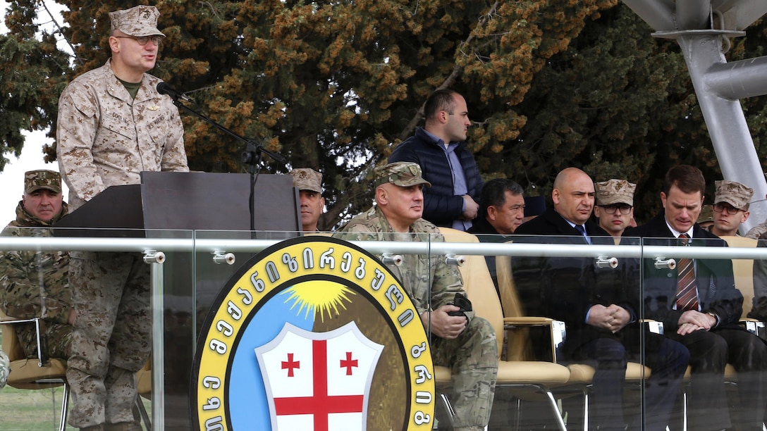 Brigadier General Norman L. Cooling, deputy commander of U.S. Marine Corps Forces Europe and Africa, addresses a Georgian battalion on March 24 who will deploy with U.S. Marine advisors to NATO’s Resolute Support in Afghanistan. The 43rd Light Infantry Battalion have worked with U.S. Marines from the Georgia Deployment Program to prepare for their contribution to the NATO-led mission.