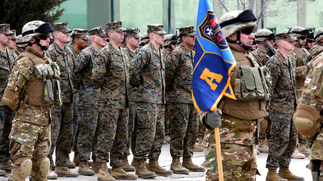 U.S. Marines stand amongst their Georgian counterparts during a departure ceremony at Vaziani Training Area, Georgia, March 24. The Marines and Georgian 43rd Light Infantry Battalion will contribute to NATO’s Resolute Support in Afghanistan after working since October to prepare for it.