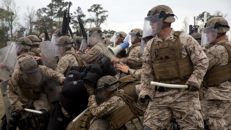 Marines with Golf Company and Echo Battery, 2nd Battalion, 6th Marine Regiment practice riot-control techniques aboard Marine Corps Base Camp Lejeune, N.C., March 27, 2015. The Marines conducted two weeks of non-lethal weapons training in preparation for an upcoming deployment.
