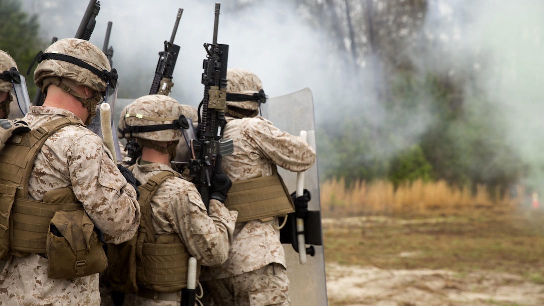 Marines with Golf Company and Echo Battery, 2nd Battalion, 6th Marine Regiment fire non-lethal rounds during a range exercise aboard Marine Corps Base Camp Lejeune, N.C., March 27, 2015. The Marines conducted two weeks of non-lethal weapons training in preparation for an upcoming deployment. 