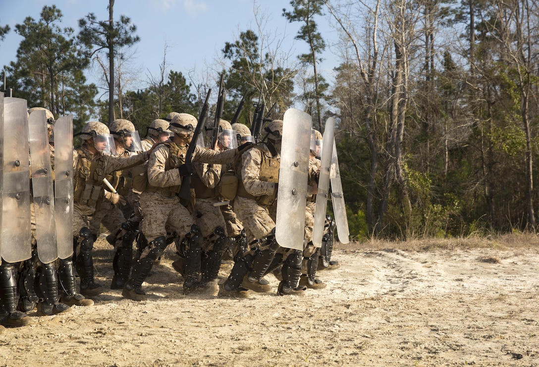 Marines with Golf Company and Echo Battery, 2nd Battalion, 6th Marine Regiment,  rush down the range during a non-lethal weapons live-fire exercise aboard Camp Lejeune, N.C., March 25, 2015.  The Marines participated in a two-week NLW course that teaches various riot-control methods.