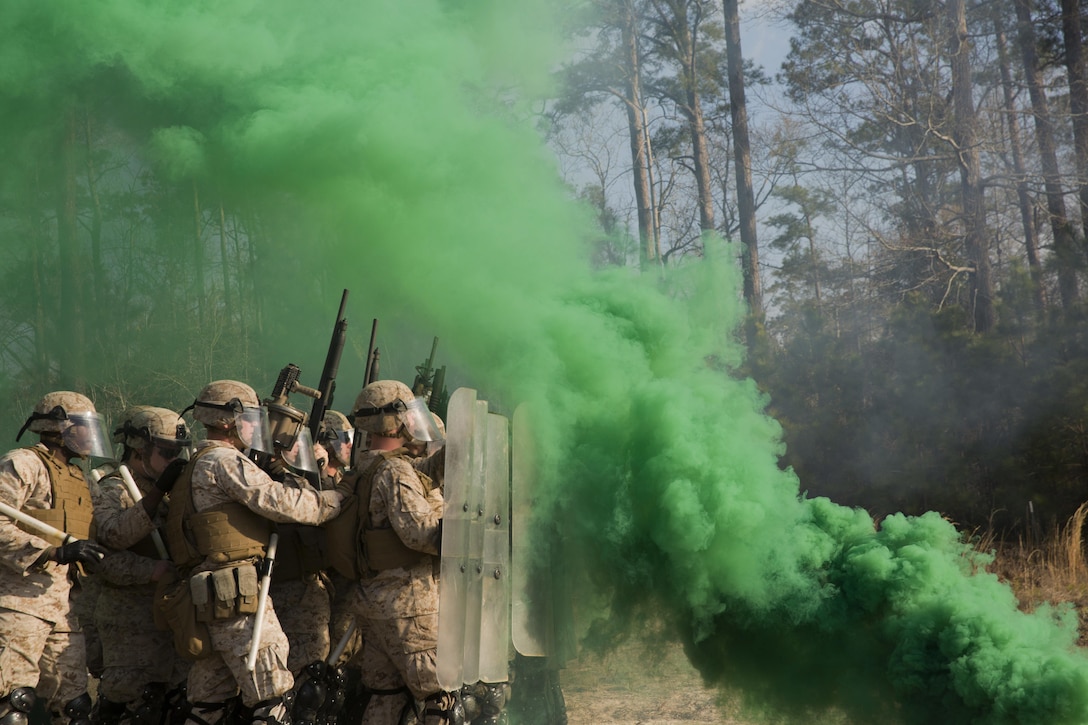 Smoke grenades thrown by course instructors envelop Marines with Golf Company and Echo Battery, 2nd Battalion, 6th Marine Regiment, in thick, green smoke during a non-lethal weapons training exercise aboard Camp Lejeune, N.C., March 25, 2015. The Marines participated in a two-week NLW course that teaches various riot-control methods.