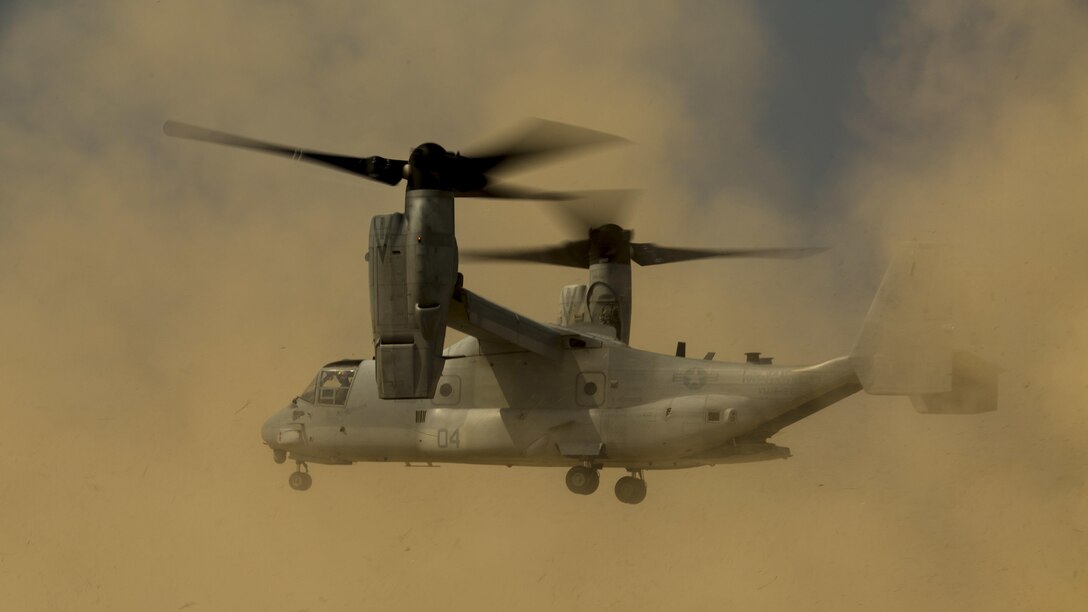 A U.S. Marine Corps MV-22B Osprey with Marine Medium Tiltrotor Squadron 262, 31st Marine Expeditionary Unit, kicks up dirt while landing during a combined amphibious landing at Pohang, South Korea, March 30, 2015. The Korean Marine Exchange Program demonstrates the unique ability of the 31st MEU to arrive in theater via amphibious shipping, along with ROK Regimental Landing Team, into an amphibious Combined Marine Expeditionary  Brigade. KMEPs are annual combined exercise conducted by U.S. Marine and Navy Forces with the ROK in order to strengthen working relationships across the range of military operations - from disaster relief to complex, expeditionary operations. 