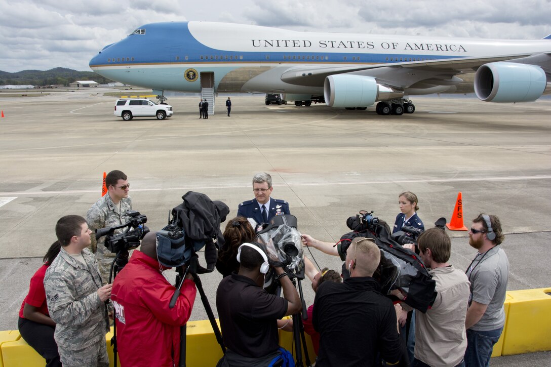 Colonel Robert Scott Grants, 117th Air Refueling Wing Vice Commander speaks to the local media during President Barack Obama's visit to Birmingham Alabama. The President came to Birmingham to visit Lawson State Community College where he gave a speech on economic issues. (U.S. Air National Guard photo by: Senior Master Sgt. Ken Johnson/Released)