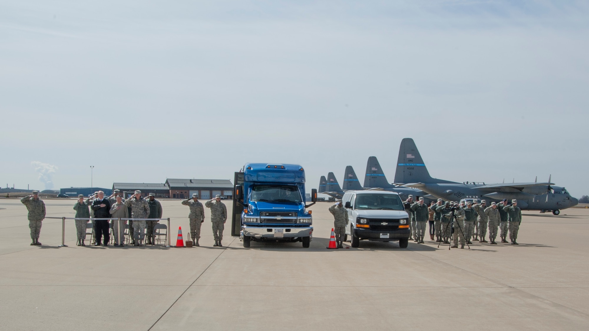 Air Force Mortuary Affairs Operations conducts a dignified transfer divert exercise March 19, 2015, at New Castle Air National Guard Base, Del. AFMAO included every detail of a DT, including a simulated family, for the exercise to ensure the same dignity, honor and respect is carried out away from home station at Dover Air Force Base, Del. (U.S. Air Force photo/Senior Airman Jared Duhon)