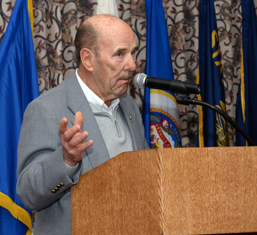 Retired U.S. Air Force Lt. Col. Donald “Digger” Odell speaks about his experiences during the Vietnam War at the National Prayer Breakfast at Fort Eustis, Va., March 26, 2015. Odell served as a fighter pilot and spent time as a prisoner of war in Hanoi, North Vietnam for 5 1/2years. (U. S. Air Force photo by Staff Sgt. Teresa J. Cleveland/Released)