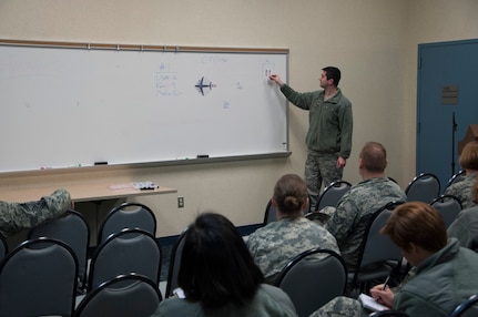 Capt. Matthew Frebert, Air Force Mortuary Affairs Operations dignified transfer officer in charge for the exercise, briefs Team Dover and New Castle Air National Guard Airmen at the start of an exercise March 19, 2015, at New Castle Air National Guard Base, Del. The training was designed to familiarize the Airmen on the contingency location for DTs to occur in the event of inclement weather during runway construction at Dover Air Force Base, Del. (U.S. Air Force photo/Senior Airman Jared Duhon)