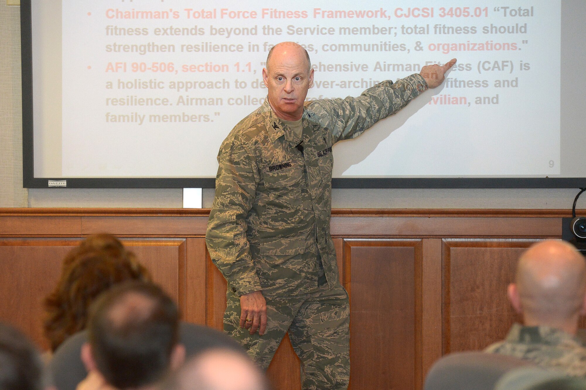 Chaplain (Col.) Jim Browning, Air Force Materiel Command chaplain, addresses Hanscom senior leaders during a meeting concerning spiritual care of the workforce here March 31. Browning emphasized the fact that spiritual resiliency of all members of the Air Force family can affect an organization's mission. The group also discussed various ways that leadership can foster an environment that provides the necessary tools for spiritual resiliency. (U.S. Air Force photo by Jerry Saslav)