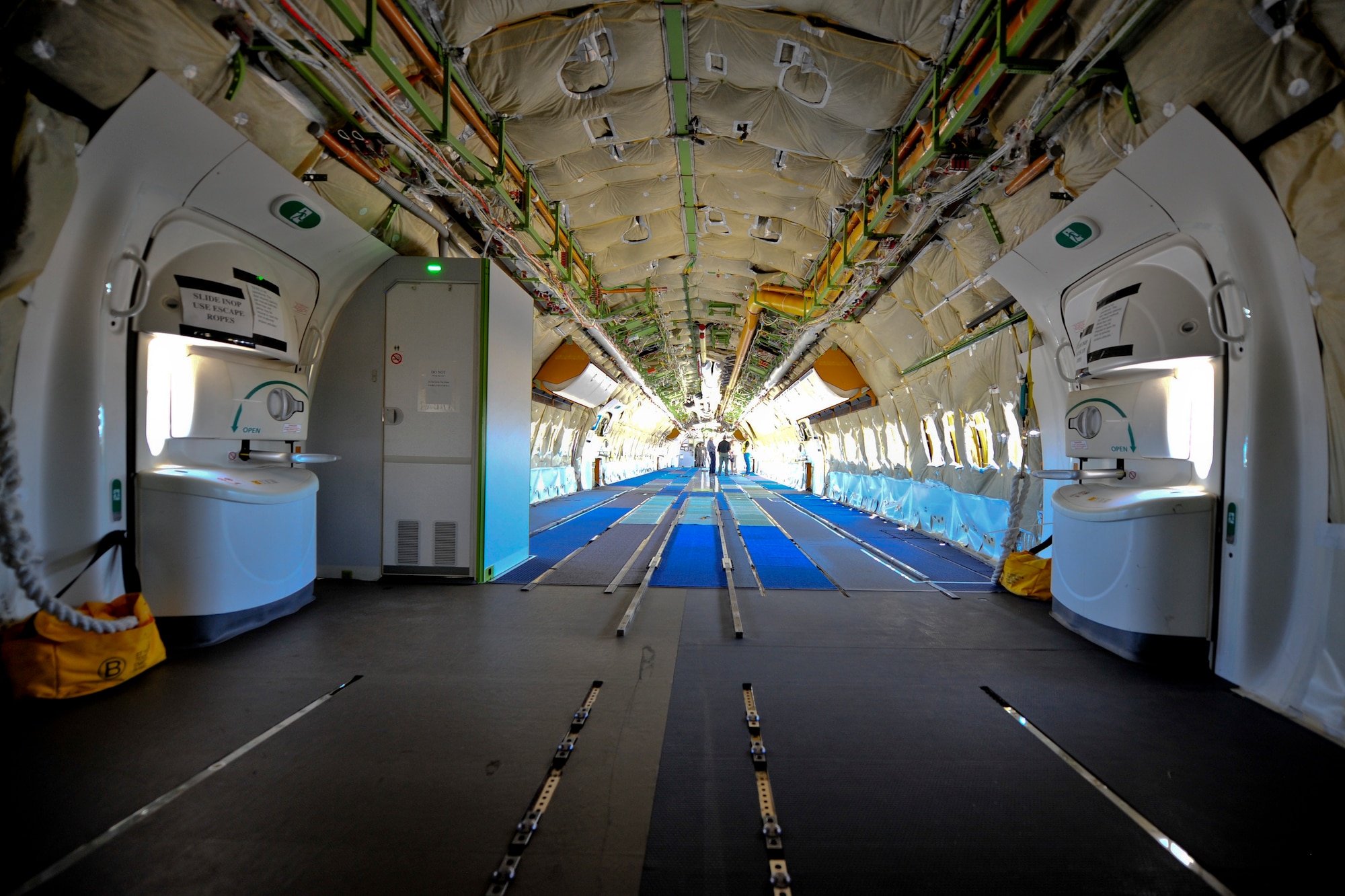 The inside of a Boeing 787-8 Dreamliner is viewed while defueling at Davis-Monthan Air Force Base, Ariz., March 26, 2015.  The aircraft was donated to the Pima Air & Space Museum and was transported through D-M.   (U.S. Air Force photo by Airman 1st Class Chris Massey/Released)