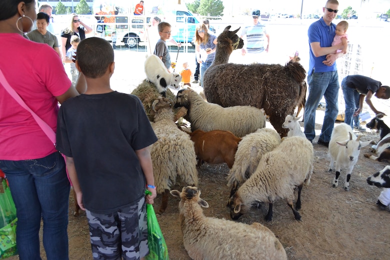 Team Schriever members view the animals in the petting zoo during the 14th annual Spring Fling March 28, 2015, at Schriever Air Force Base, Colo. The 50th Force Support Squadron hosted the event, which included bounce houses, games and prizes, a cast of fairy tale characters and complimentary lunch. (U.S. Air Force photo/Brian Hagberg)