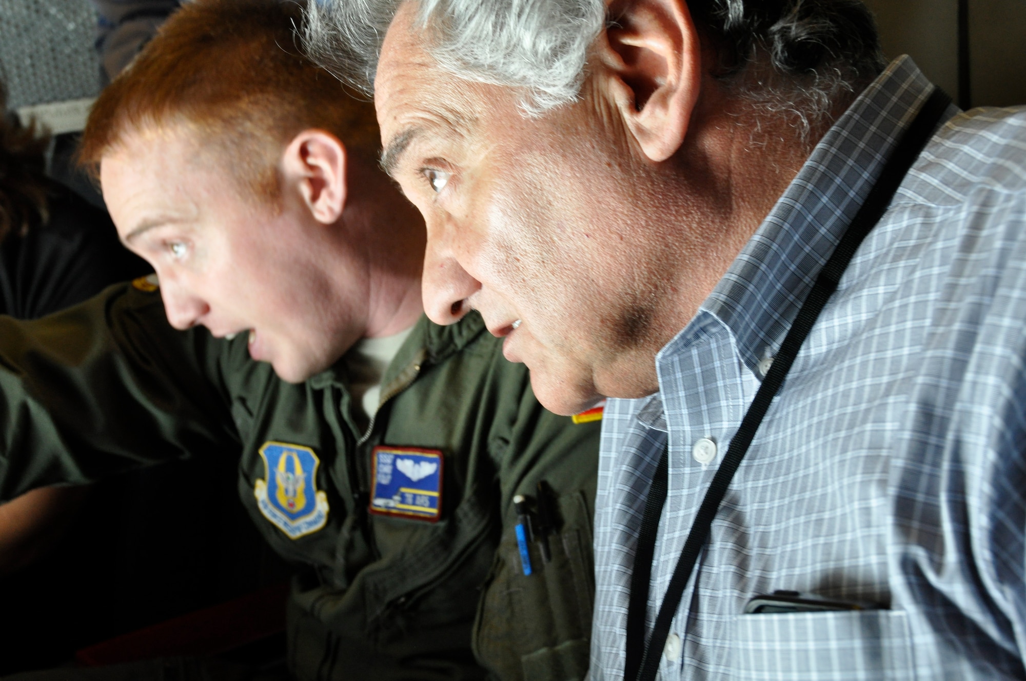 Joseph Vicari, Ocean County Freeholder, gets a detailed description of the KC-10 Stratotanker refueling process from Staff Sgt. Chris Foley, boom operator with the 76th Air Refueling Squadron as part of the 514th Air Mobility Wing and New Jersey Employer Support of the Guard and Reserve Bosslift held March 10-11. The purpose of Bosslifts is to inform key civilian education, business, and community leaders about the United States Air Force Reserve.  (U.S. Air Force photo/Master Sgt. Donna T. Jeffries)