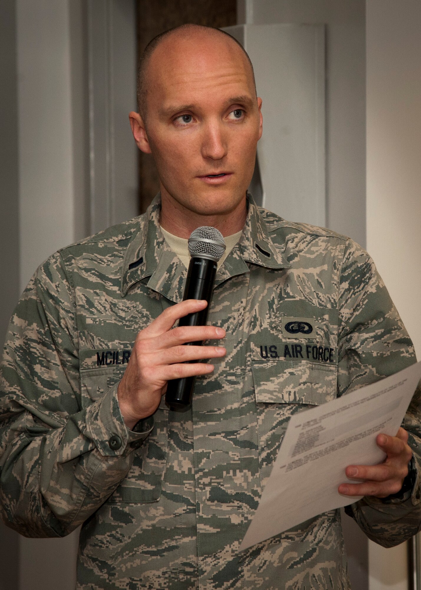 PETERSON AIR FORCE BASE, Colo. – 1st Lt. Luke McIlroy, 21st Force Support Squadron sustainment services flight commander, emcees the grand opening of Club One, the newly remodeled and renamed Air Force Space Command snack bar, March 18. The event included a pizza buffet provided by the Colorado Pizza Company along with a raffle for prizes to the golf course, bowling center and other on-base facilities. Club One is open from 7 a.m.–1:30 p.m. Monday-Friday, and among its selection offers eggs, bacon, pancakes and breakfast burritos in the morning, while serving a variety of hot and cold sandwiches, burgers, soups, a daily salad bar and many other options. (U.S. Air Force photo by Staff Sgt. J. Aaron Breeden)