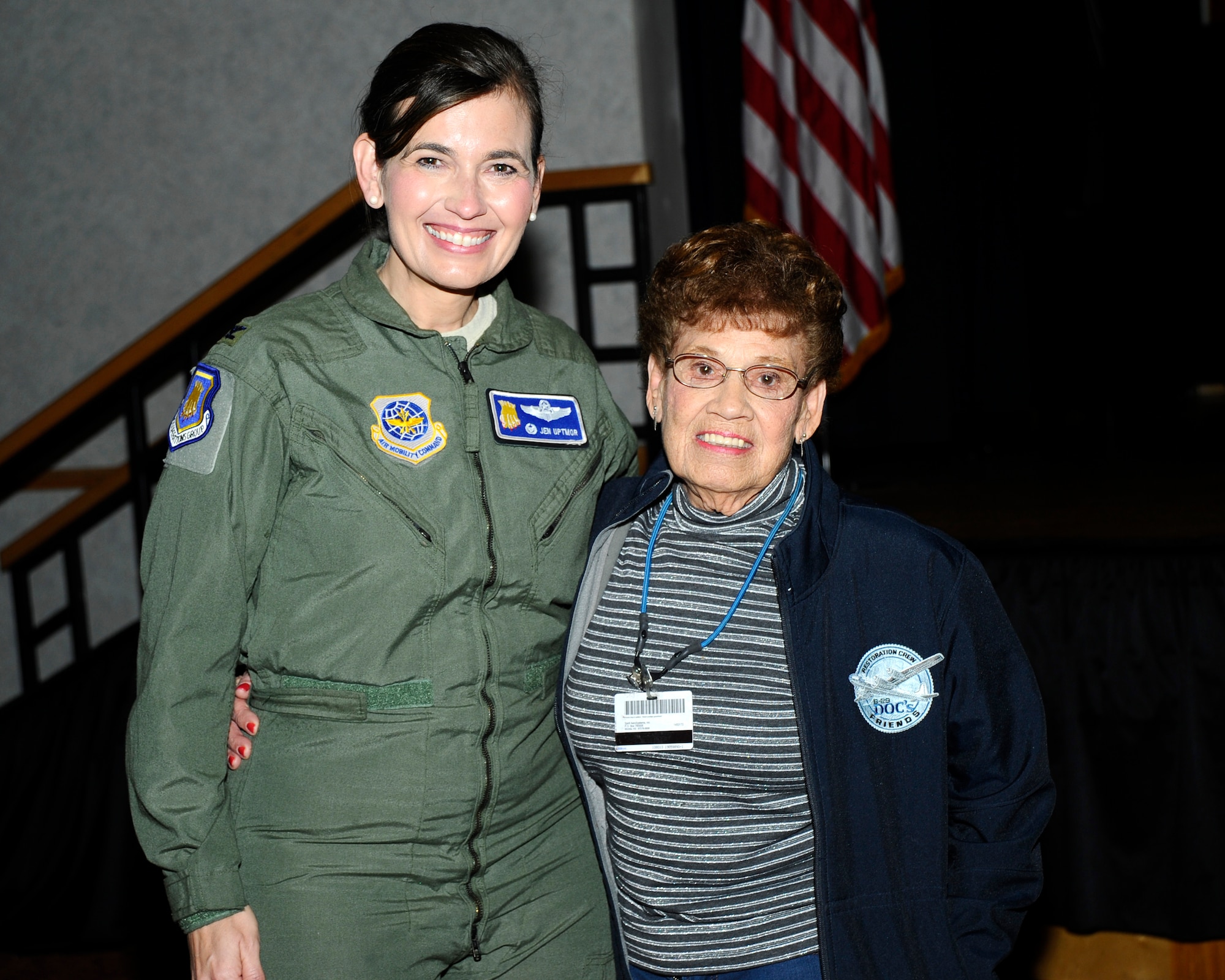 Col. Jennifer Uptmor, 22nd Air Refueling Wing Operations Group commander, and Connie Palacioz pose for a picture at McConnell's Women's History Month Luncheon March 27. Palacioz was honored for her contributions as a "Rosie the Riveter" for her work at a local Boeing B-29 plant from 1943 until 1945. (U.S. Air Force photo by Staff Sgt. Rachel Waller) 